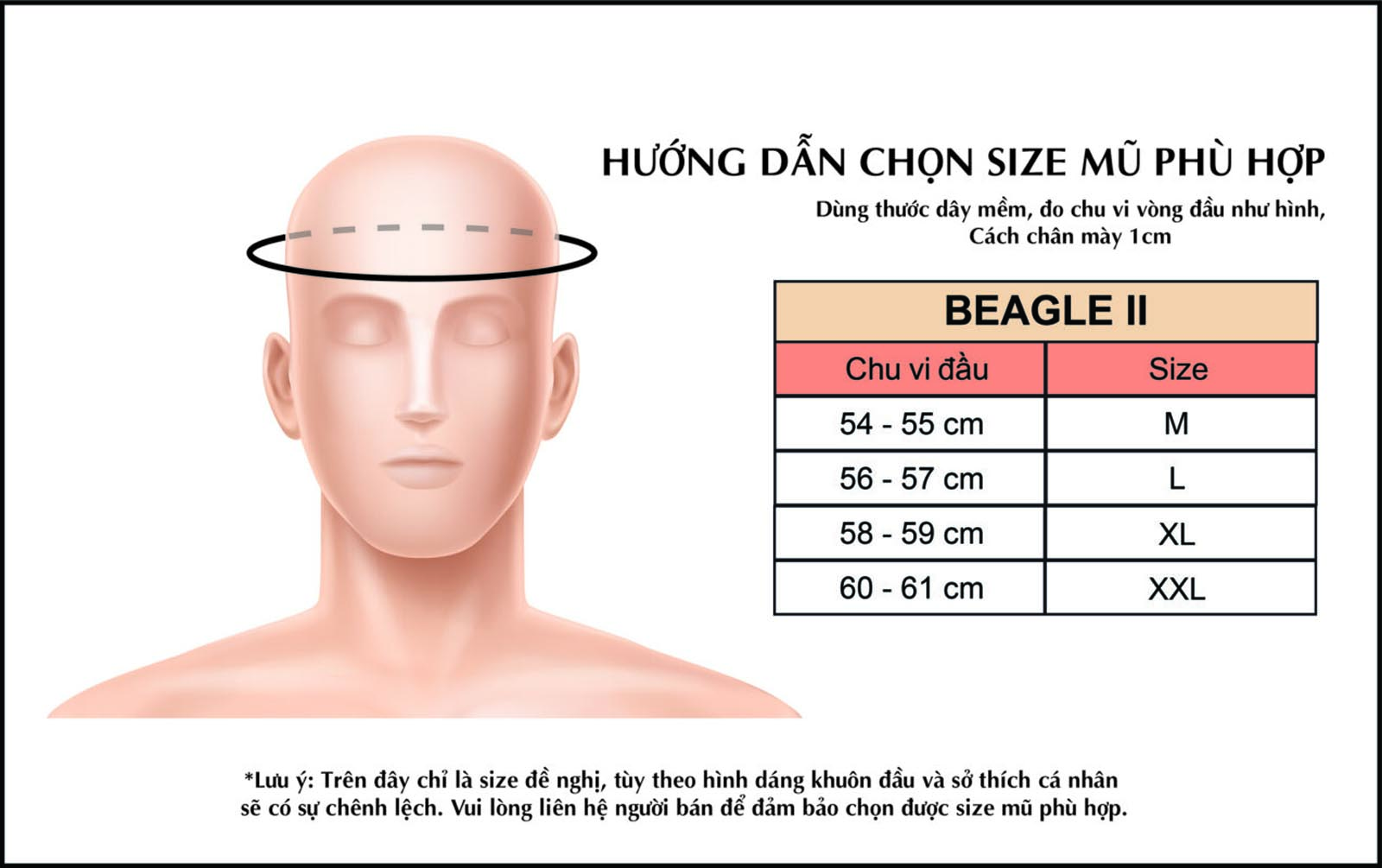 huong dan chon size mu Mũ Bảo Hiểm 3/4 BULLDOG Beagle II 