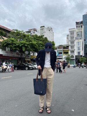 Leather Strap Tote - Navy