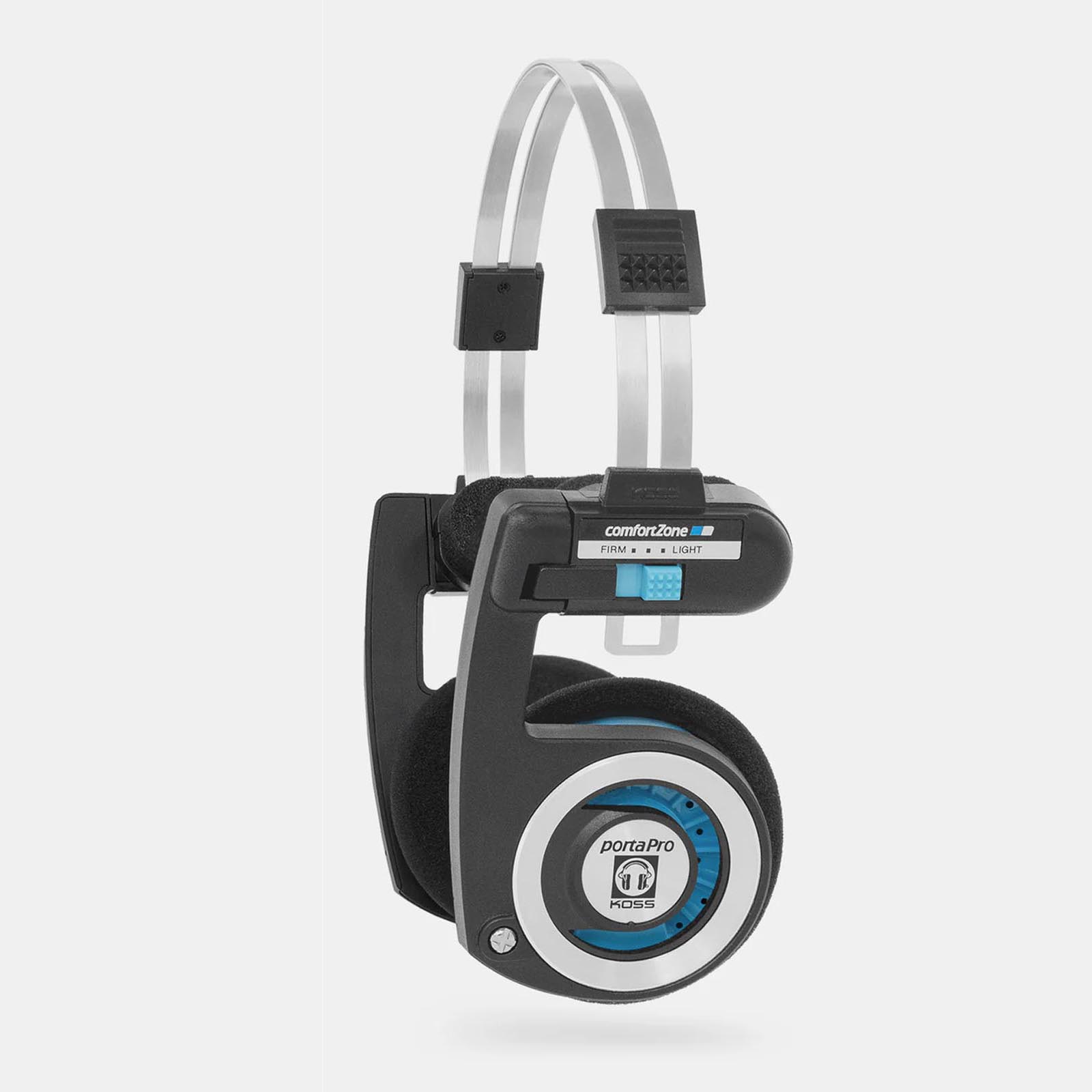 Koss Porta Pro Wireless góc nghiêng, Comfort Zone headband và nút điều khiển trên housing