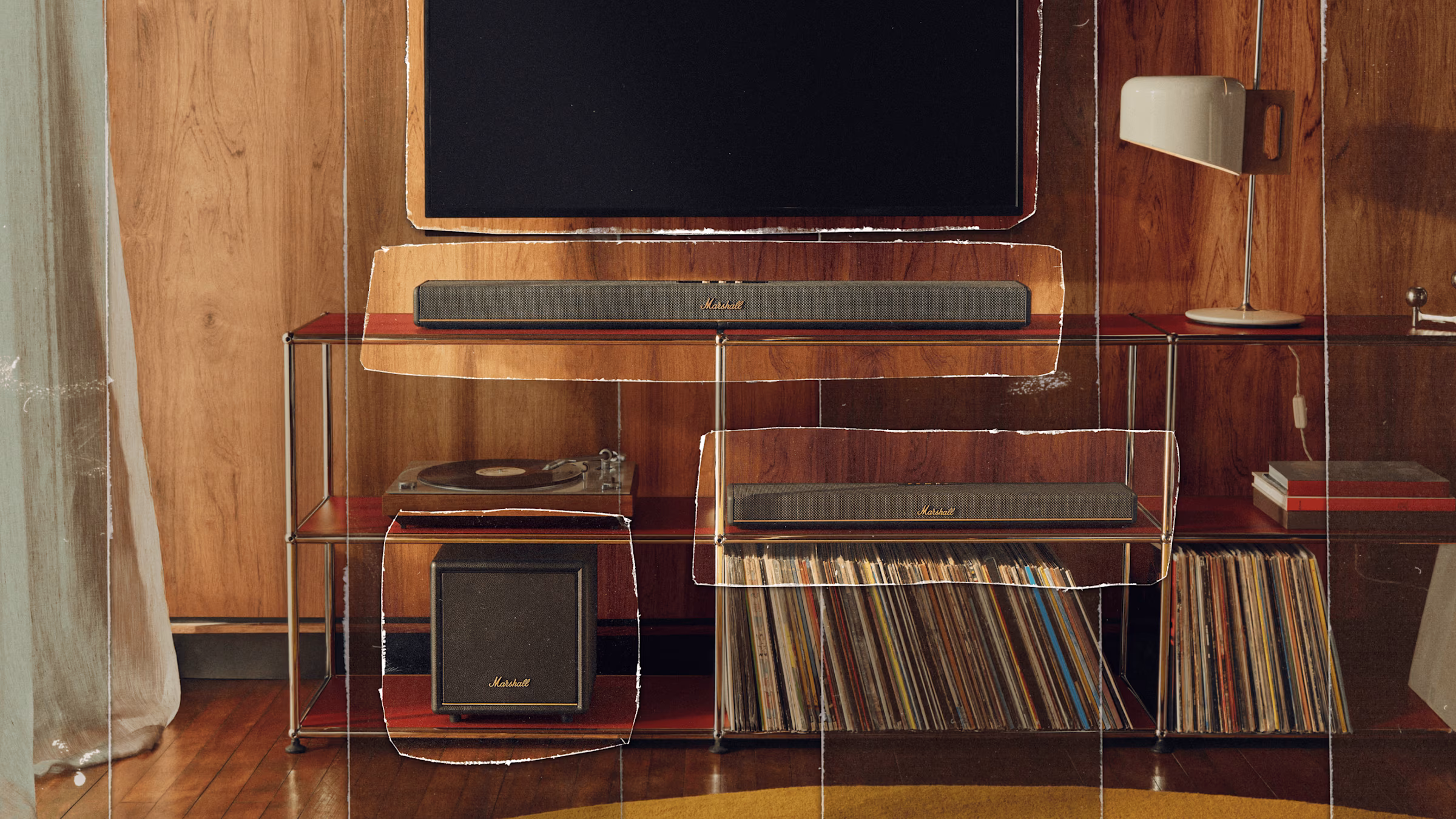 Marshall Heston 120 and Heston Sub 200 in a modern living room with a large TV