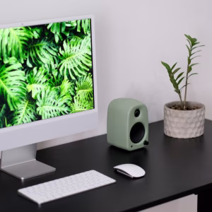Bàn đen với iMac wallpaper xanh, loa sage green, bàn phím chuột trắng và chậu cây ZZ họa tiết tổ ong