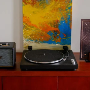 Dàn âm thanh phối ghép giữa mâm đĩa than Kanto OBI3 màu đen và loa Marshall Acton III trên kệ gỗ, trang trí cùng tranh trừu tượng