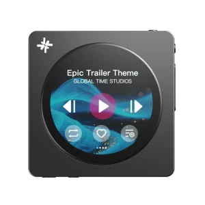Máy nghe nhạc FiiO SnowSky DISC màu đen, màn hình tròn OLED giao diện phát nhạc Epic Trailer Theme, logo tuyết góc trên trái