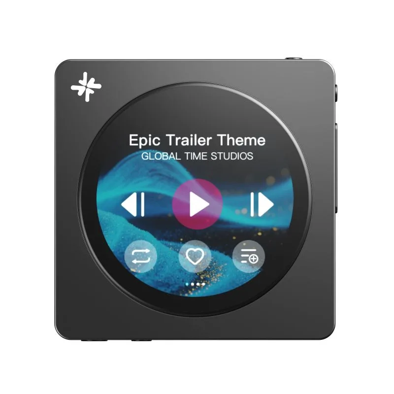 Máy nghe nhạc FiiO SnowSky DISC màu đen, màn hình tròn OLED giao diện phát nhạc Epic Trailer Theme, logo tuyết góc trên trái