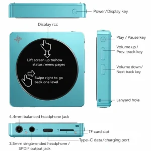 Infographic FiiO SnowSky DISC màu teal: các mặt máy, nút nguồn, volume, lỗ đeo dây và cổng kết nối