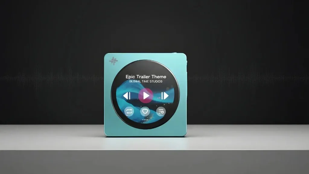FiiO SnowSky DISC màu ngọc trên nền trắng, nền sau sóng âm tối, màn hình tròn hiển thị Epic Trailer Theme