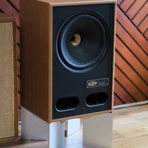 Loa Vestlyd V12C Coaxial Monitor thùng gỗ và chân đế kim loại trắng, tường lam gỗ chéo