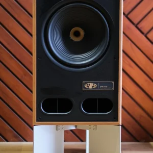 Cận cảnh mặt trước loa Vestlyd V12C coaxial, cổng thông hơi và biển tên Vestlyd