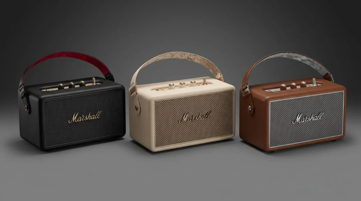 Bộ sưu tập loa Marshall Kilburn 3 ba phiên bản màu đen, kem và nâu, thiết kế amp cổ điển và quai xách da