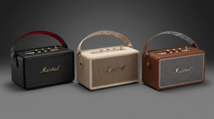 Bộ sưu tập loa Marshall Kilburn 3 ba phiên bản màu đen, kem và nâu, thiết kế amp cổ điển và quai xách da