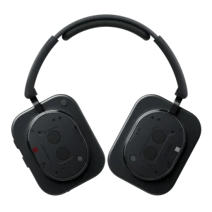 Nothing Headphone (1) đen nhìn từ trên: Nothing headphone (1) và Sound by KEF trên mặt trong tai