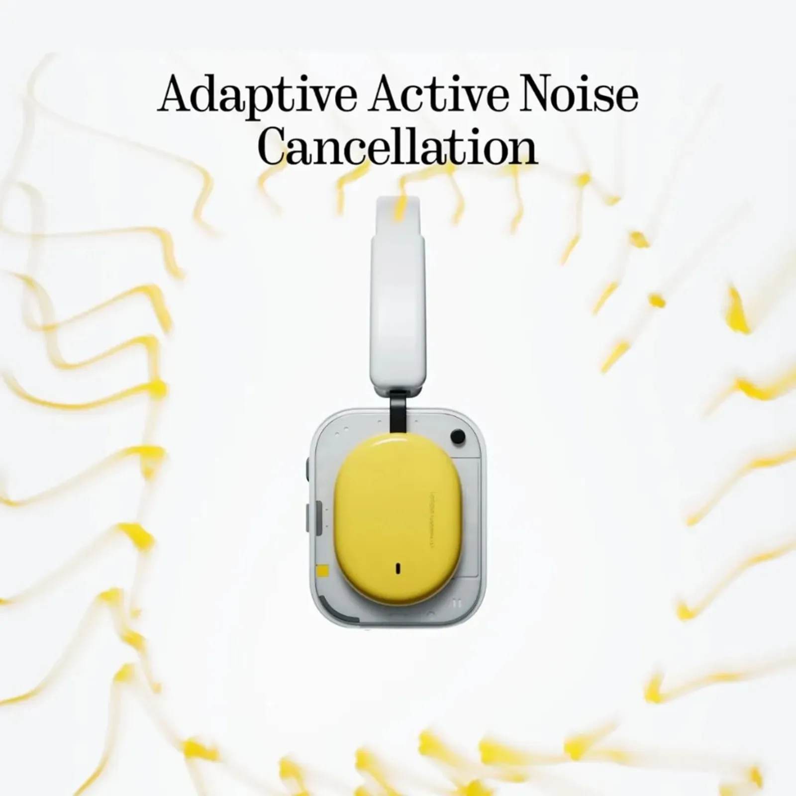 Ảnh quảng cáo tai nghe Nothing với chữ Adaptive Active Noise Cancellation, tai màu vàng và hiệu ứng sóng âm