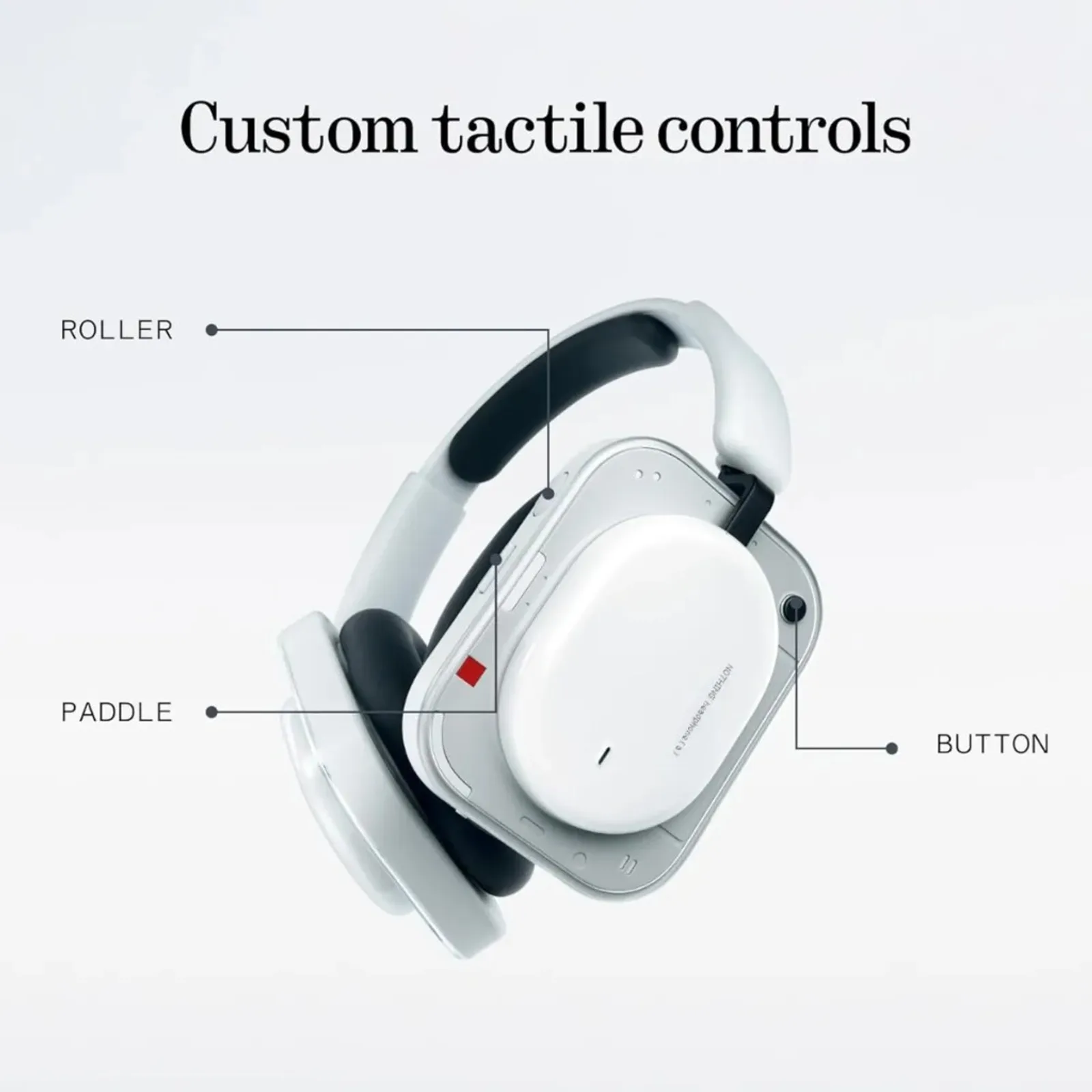 Cận cảnh Nothing Headphone (a) màu trắng: chú thích Custom tactile controls — roller, paddle và nút bấm