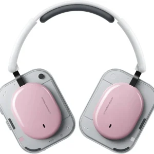 Nothing Headphone (a) màu hồng pastel và trắng, vỏ ngoài trong suốt, chữ NOTHING headphone (a), nền trắng
