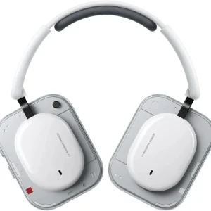 Nothing Headphone (a) phiên bản trắng, tai xoay nằm phẳng, oval trắng chữ NOTHING headphone (a), vỏ trong suốt