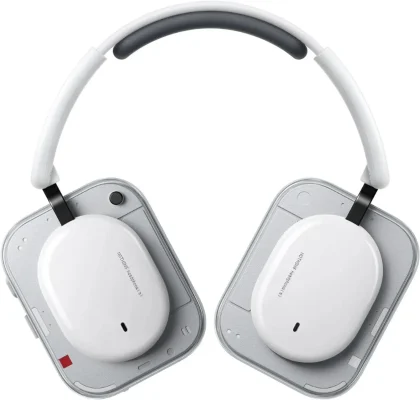 Nothing Headphone (a) phiên bản trắng, tai xoay nằm phẳng, oval trắng chữ NOTHING headphone (a), vỏ trong suốt