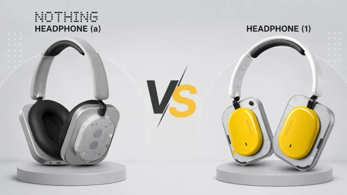 Ảnh so sánh Nothing Headphone (a) màu xám mờ và Nothing Headphone (1) thiết kế trong suốt chi tiết vàng, chữ VS ở giữa, nền xám studio