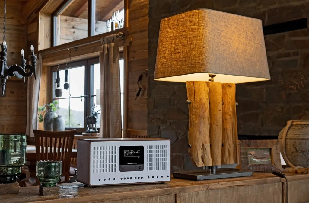 Mặt sau Revo SuperConnect Stereo: tấm kim loại bạc, cổng RCA, AUX, quang Toslink, nguồn và ổ khóa Kensington, vỏ gỗ walnut