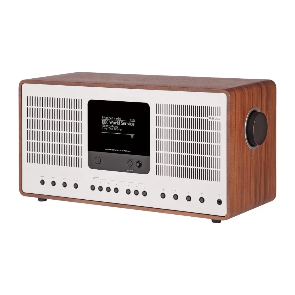 Loa REVO SuperConnect Stereo vỏ gỗ óc chó mặt nhôm bạc, màn OLED Internet radio BBC World Service, ảnh sản phẩm nền trắng