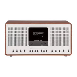 REVO SuperConnect Stereo mặt trước walnut và silver, Internet radio BBC World Service, hàng nút preset và phát nhạc