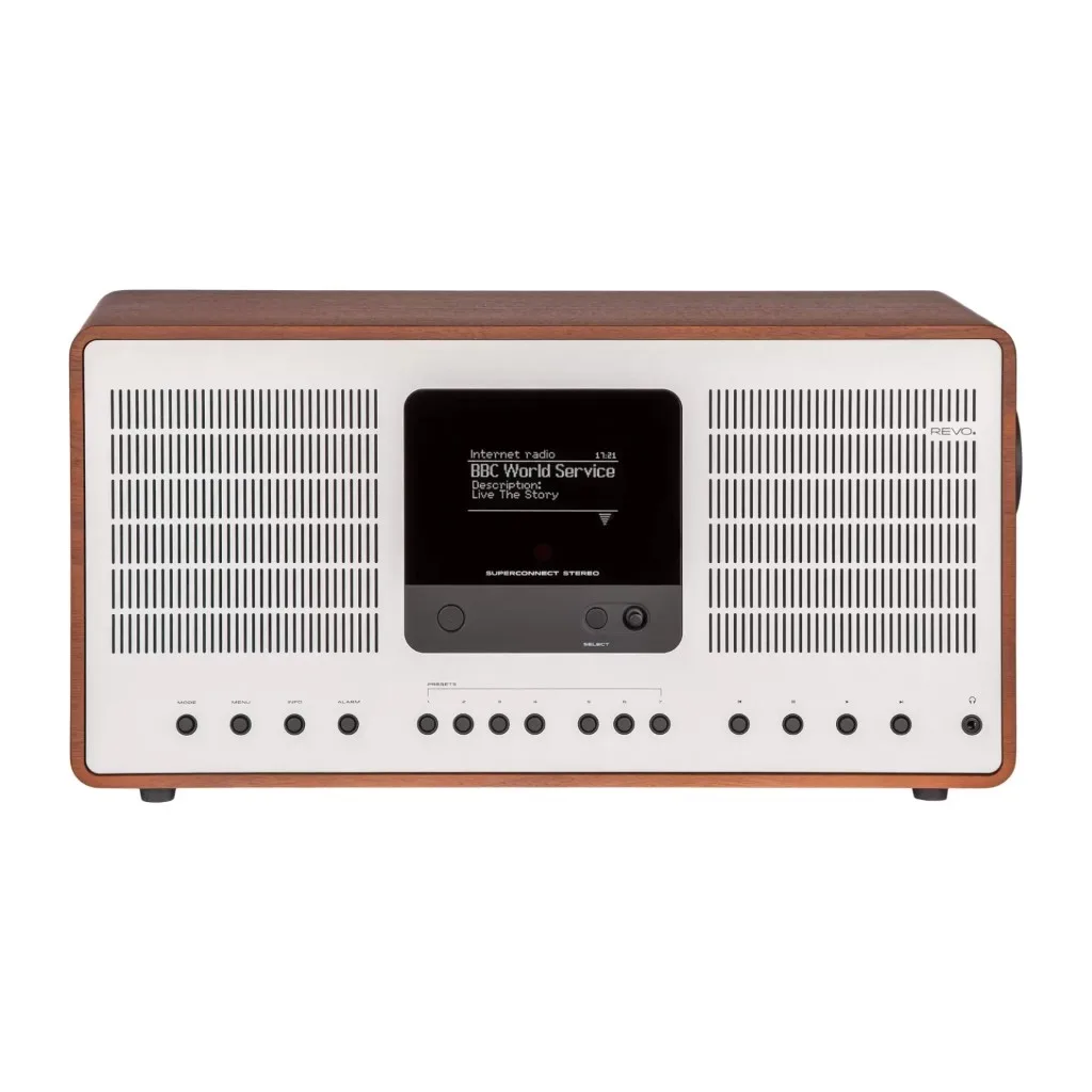 REVO SuperConnect Stereo mặt trước walnut và silver, Internet radio BBC World Service, hàng nút preset và phát nhạc
