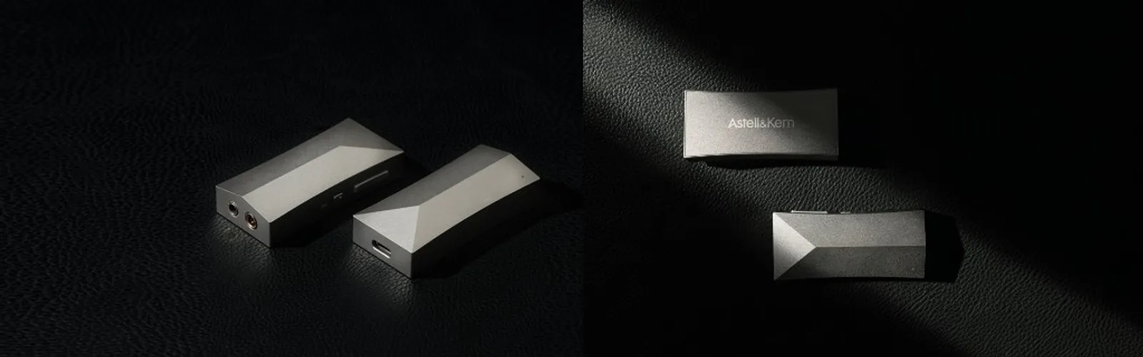 Hai AK HC4 Moon Silver trên da đen: cổng 3,5 mm, 4,4 mm cân bằng, USB-C, logo Astell&Kern, công tắc DAR và núm volume, đèn LED.