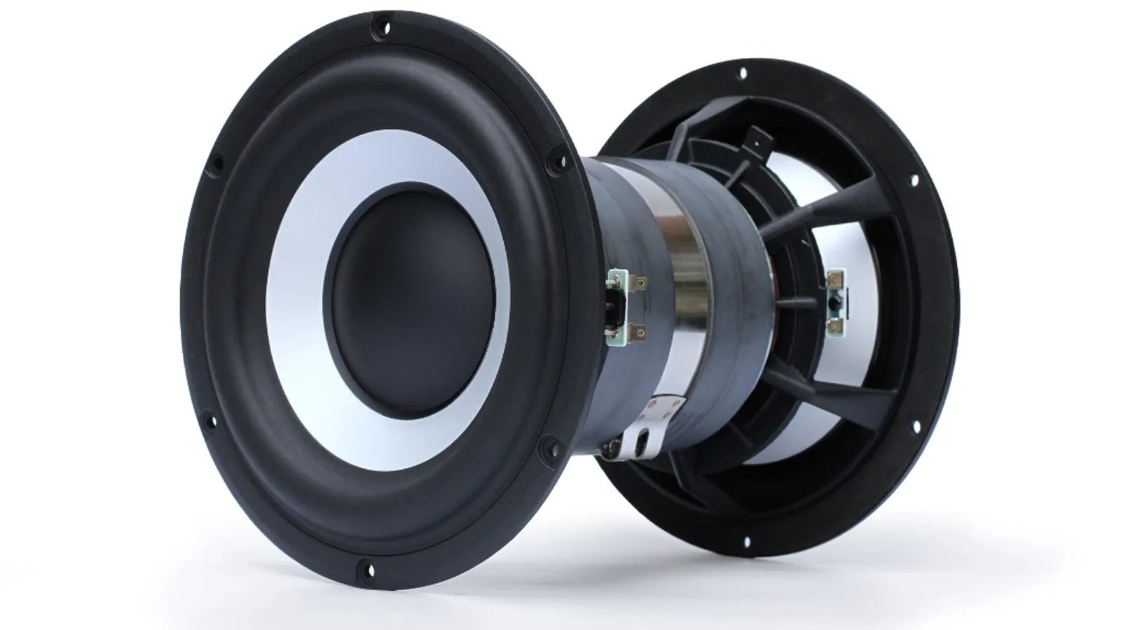 Cụm hai woofer Barefoot Dual-Force lắp lưng đối lưng nền trắng: cone ngoài sáng với dust cap đen, surround cao su, khối magnet trung tâm lớn với dải kim loại và terminal — ảnh kỹ thuật