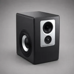 Barefoot Footprint01 Gen2 góc ba phần tư: thùng đen nhám, tấm bạc mid/tweeter, LED xanh, woofer side-firing cone sáng bên trái; nền xám gradient và ánh sáng mềm