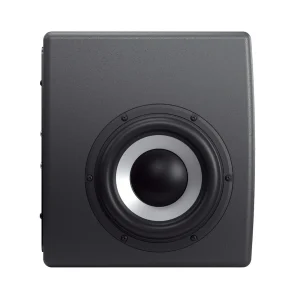 Barefoot Footprint01 Gen2 nhìn nghiêng mặt bên nền trắng: woofer tròn cone bạc, dust cap đen, surround đen, vành bắt ốc; thùng xám đen kết cấu nhám