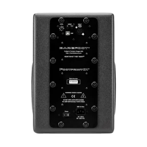 Mặt sau Barefoot Footprint01: tấm đen vít lục giác, núm LEVEL -2 đến +9 dB, jack MEME IN/THRU 3.5mm, đầu vào XLR combo, cổng USB, logo BAREFOOT và FOOTPRINT01, tem serial, cảnh báo điện, công tắc và ổ IEC 585 VA 85–250 VAC, nền trắng
