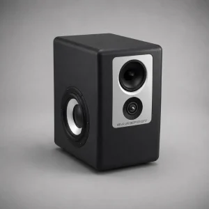Barefoot Footprint02 Gen2 một chiếc góc ba phần tư: thùng đen nhám, tấm bạc mid/tweeter, LED xanh, woofer side-firing cone sáng; nền xám nhạt và ánh sáng mềm