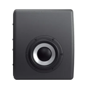 Barefoot Footprint02 Gen2 nhìn nghiêng mặt bên nền trắng: woofer tròn cone bạc, dust cap đen, surround đen, vành bắt ốc; mép thùng bo tròn