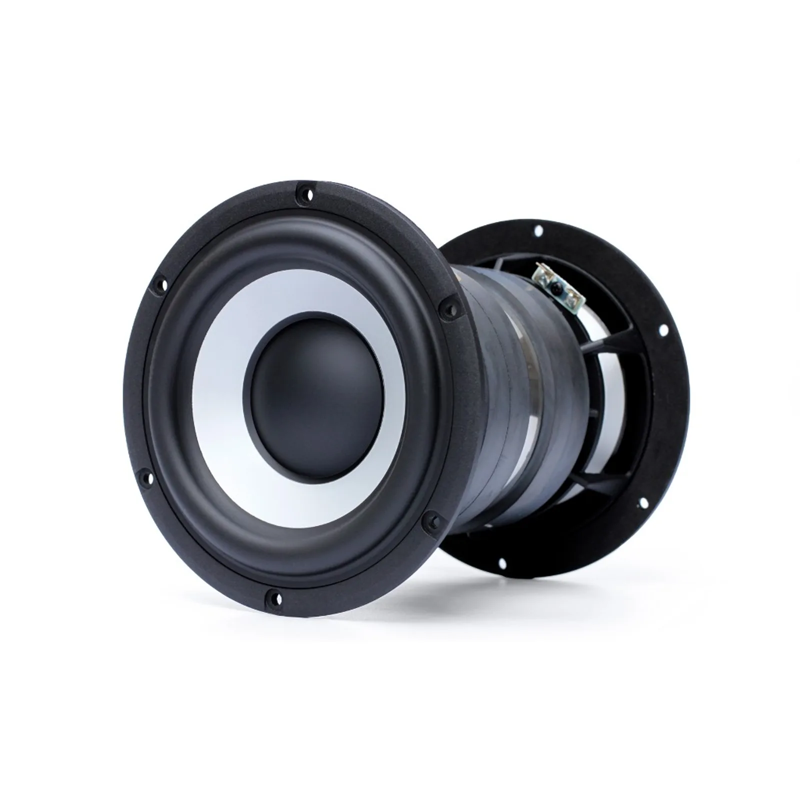 Củ loa woofer Barefoot Dual-Force nền trắng: cone bạc, dust cap đen, surround cao su đen, khung bắt ốc, phần motor/magnet phía sau — ảnh sản phẩm kỹ thuật
