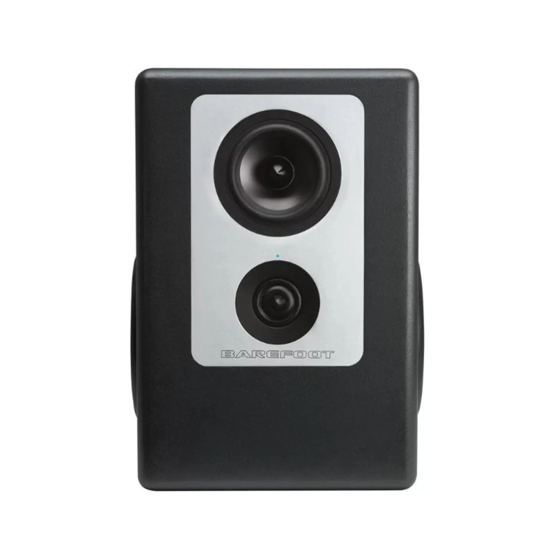 Barefoot Footprint02 mặt trước nền trắng: thùng đen mờ bo tròn, plate kim loại bạc gồm mid phía trên và tweeter dual-ring phía dưới, LED xanh giữa hai driver, logo BAREFOOT dập nổi; woofer bắn ngang lộ mép hai bên hông