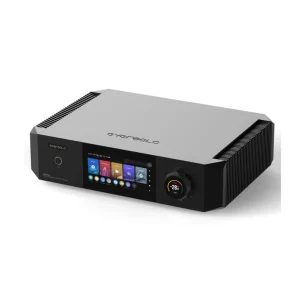 Eversolo DMP-A10 góc ba phần tư, màn cảm ứng, tản nhiệt hai bên và núm volume có màn hình LCD