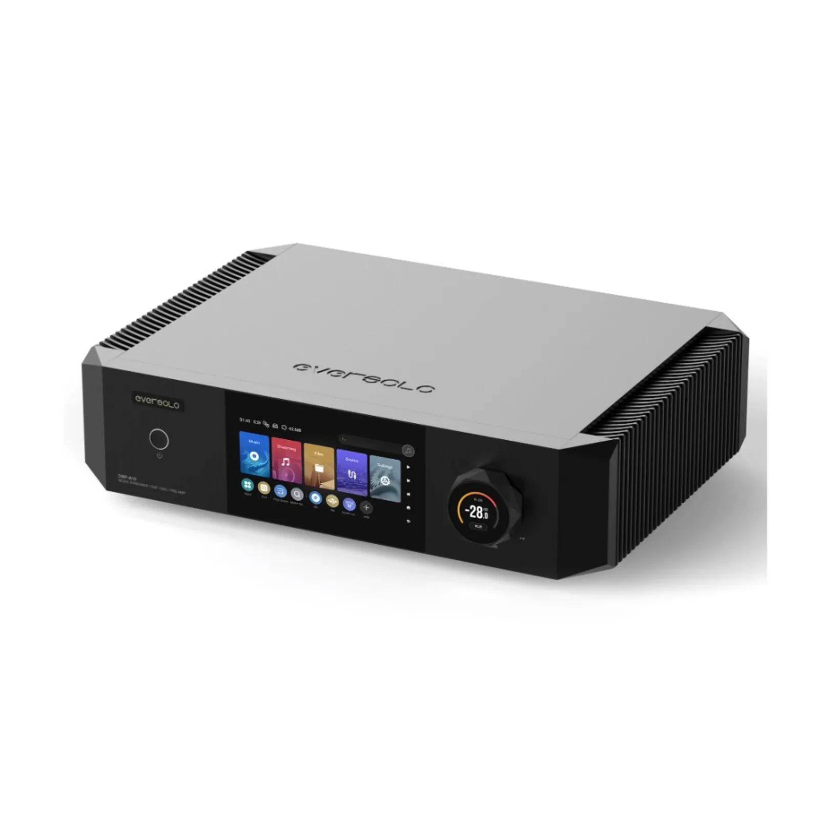 Eversolo DMP-A10 góc ba phần tư, màn cảm ứng, tản nhiệt hai bên và núm volume có màn hình LCD