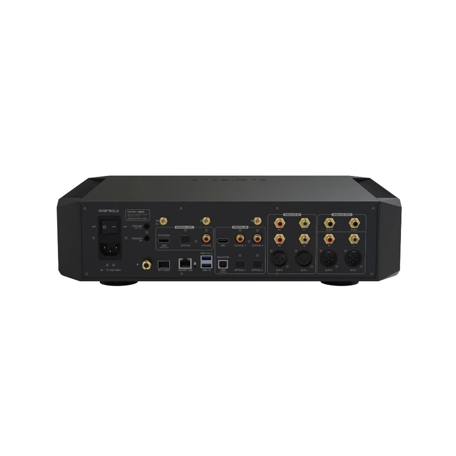 Mặt sau Eversolo DMP-A10 với nguồn AC, SFP, LAN, USB, HDMI ARC, coaxial, optical, RCA, XLR và anten Wi-Fi