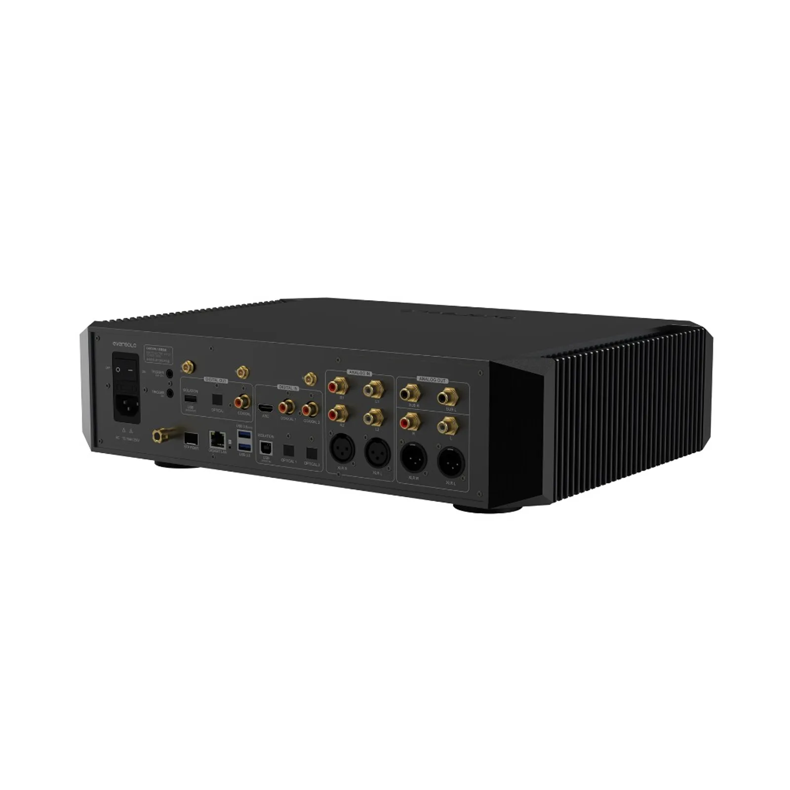 Mặt sau Eversolo DMP-A10 nhìn góc nghiêng, cổng digital in/out, analog in/out XLR RCA và tản nhiệt