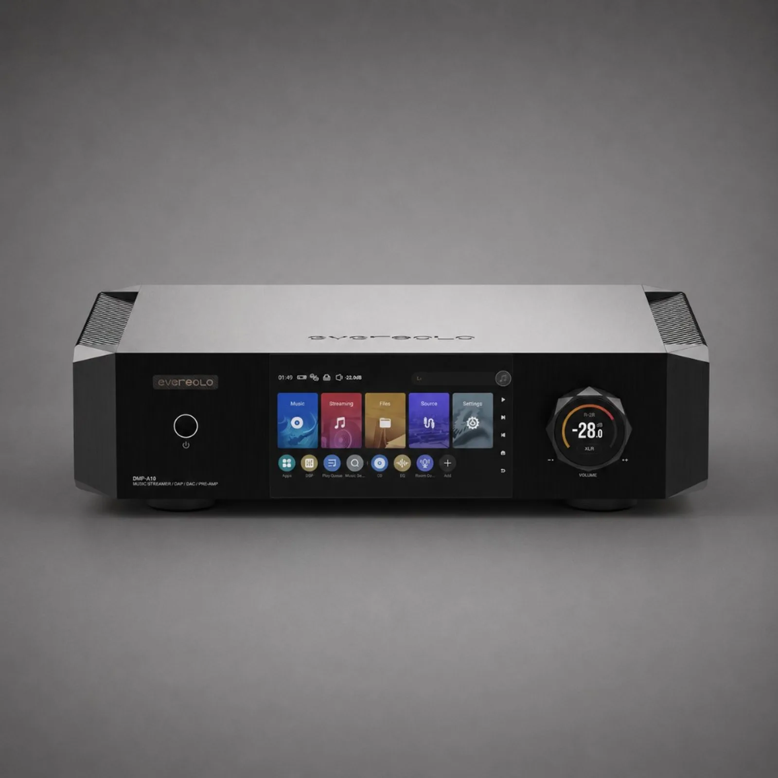 Eversolo DMP-A10 với màn hình cảm ứng Music Streaming Files, núm volume R-2R và logo eversolo