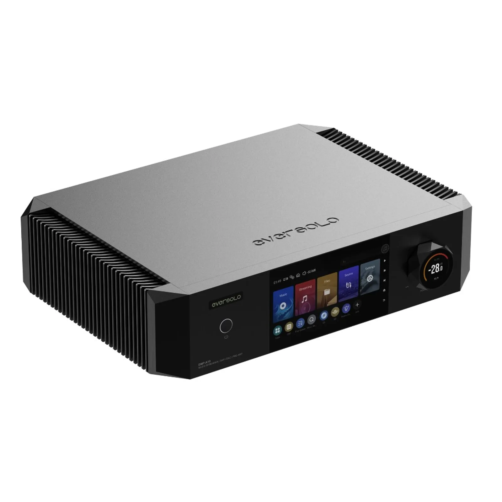Toàn cảnh Eversolo DMP-A10 music streamer DAC pre-amp với màn hình menu và núm vặn âm lượng
