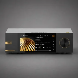 Eversolo DMP-A6 Master Gen 2 với màn hình TIDAL, viền vàng và logo eversolo trên nền studio