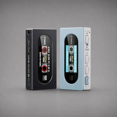 Bộ đôi FiiO KA15 màu đen và xanh với màn hình cassette Born for Music, nút D.MODE và điều khiển cạnh bên