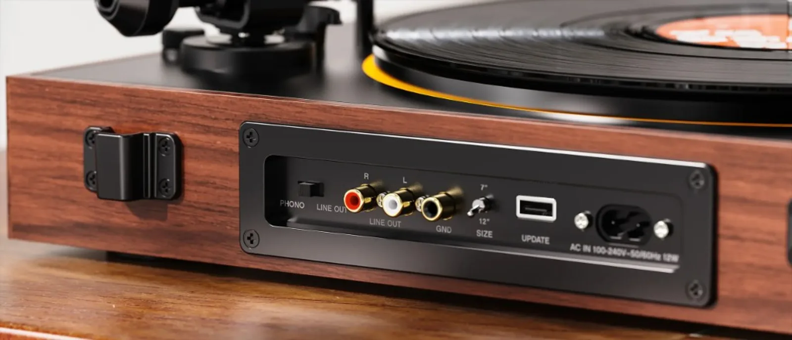 Mặt sau FiiO TT11: công tắc PHONO và LINE OUT RCA vàng, terminal mass, gạt SIZE 7"/12", cổng USB UPDATE, jack nguồn AC, vân gỗ và khớp nắp bụi