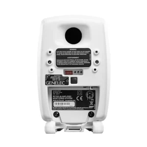 Genelec 8010A trắng mặt trước trung tính: hai driver lưới trắng, logo GENELEC, LED, Iso-Pod trắng