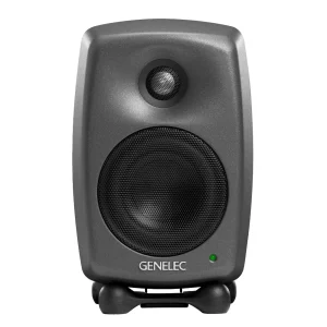 Genelec 8020D Polar White mặt trước thẳng: MDE trắng mờ, grille trắng, GENELEC, LED, Iso-Pod