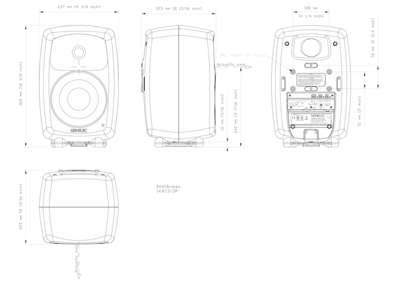 Collage Genelec 8040B nhiều góc: RAW nhôm, Polar White, đen/xám Producer, mặt sau DIP và cổng — minh họa dòng sản phẩm