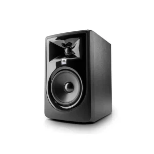Loa kiểm âm JBL 305P MkII màu đen, nhìn chính diện: waveguide Image Control dạng họng kèn bóng, tweeter 1 inch, woofer 5 inch viền tròn, logo JBL Professional, thùng loa vuông vức đặt trên nền trắng.