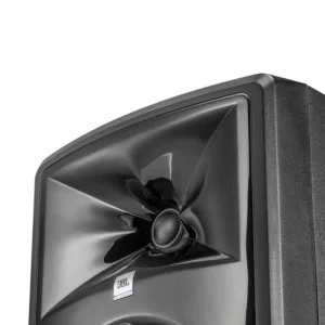Cận cảnh ống dẫn sóng Image Control Waveguide bóng của loa JBL 306P MkII: tweeter 1 inch trong họng kèn bo cong, viền mặt trước bóng và thùng loa đen mờ.