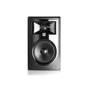 Loa kiểm âm JBL 306P MkII nhìn chính diện: waveguide Image Control bóng, tweeter 1 inch, woofer 6,5 inch, logo JBL, phản chiếu nhẹ trên nền trắng.