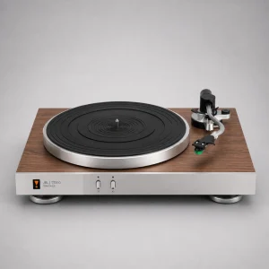 Mâm đĩa than JBL TT350 Classic: mặt gỗ óc chó, cạnh trước nhôm xước bạc với logo JBL và chữ TT350 TURNTABLE, nút 33/45 có đèn, platter kim loại và nỉ đen gân, tay cần S bạc kim xanh Audio-Technica VM, chân tách rung tròn bạc, không nắp bụi, nền xám studio